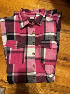 Women’s Pink Plaid Button-Front Shirt Jacket